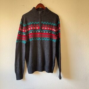 Vintage Mens Dark Gray Fair Isle Quarter Zip Sweater Nordic Pattern medium